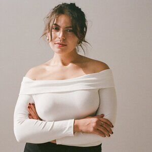 Wray Womens 1XL Ribbed Off Shoulder Cowl Neck Gem Top Shirt Salt White NEW NWT